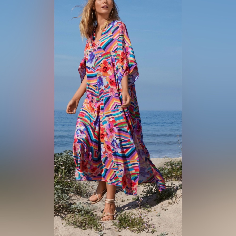 JOHNNY WAS Summer Stripes Floral Summer Kaftan Kimono Maxi Dress size S/M NEW